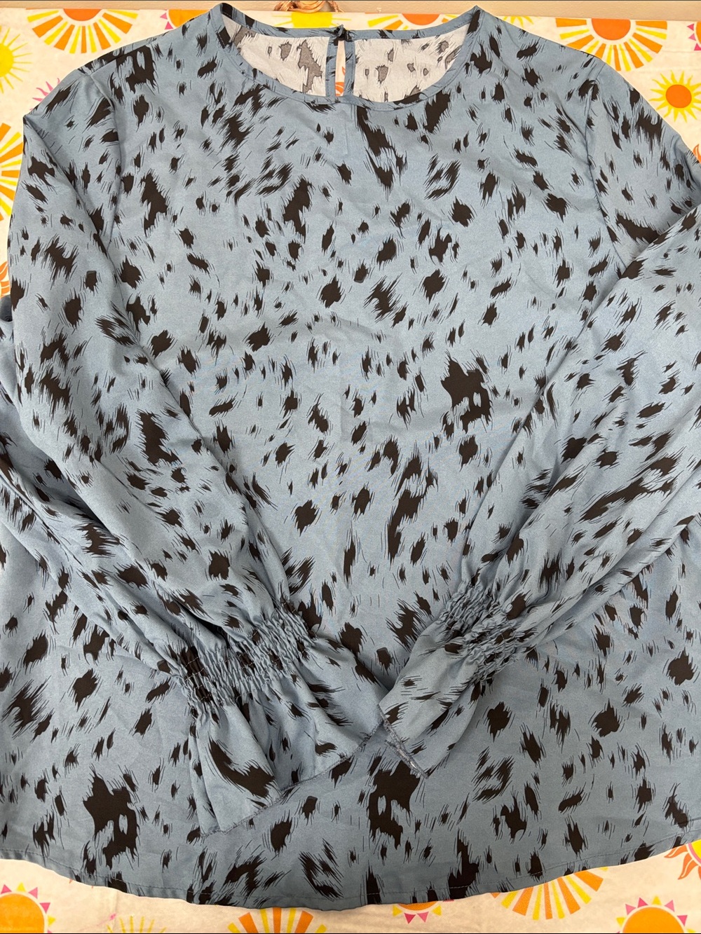 Light Blue & Black Abstract Print Long Sleeve Blouse